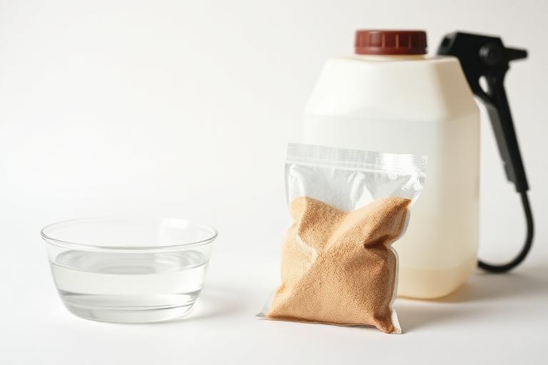 Certified virus-free planting material — Microbial biocontrol sachet next to a mixing bowl and sprayer