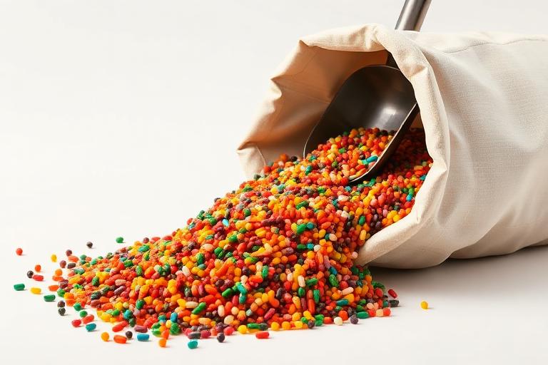 Urea 46-0-0 — NPK granular fertilizer spilling from a sack with a scoop