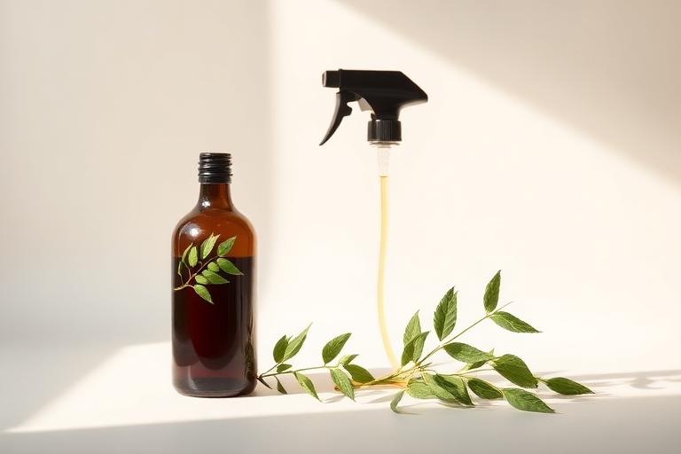 Well-rotted farmyard manure / compost — Neem oil bottle and hand sprayer for organic foliar treatment