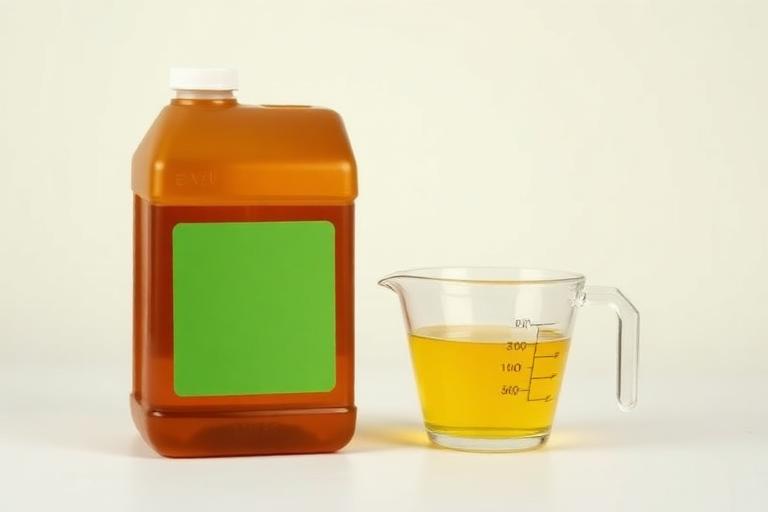 Tebuconazole 25% EC — Systemic fungicide concentrate bottle beside a measuring jug