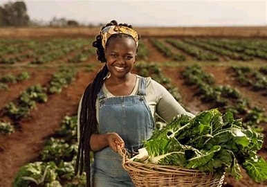 A smiling farmer in a green field holding a basket of freshly harvested leafy vegetables